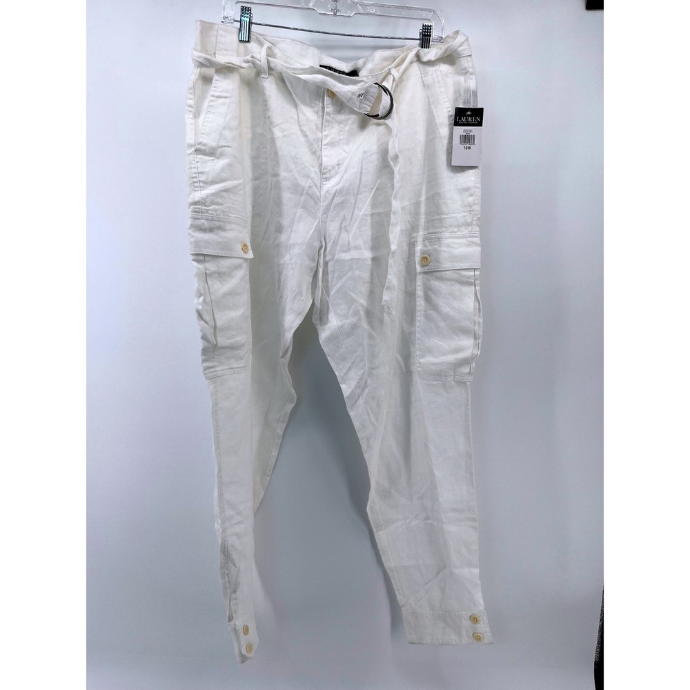 Lauren Ralph Lauren Cargo Pants Womens 16W White Linen Belted Tapered Leg